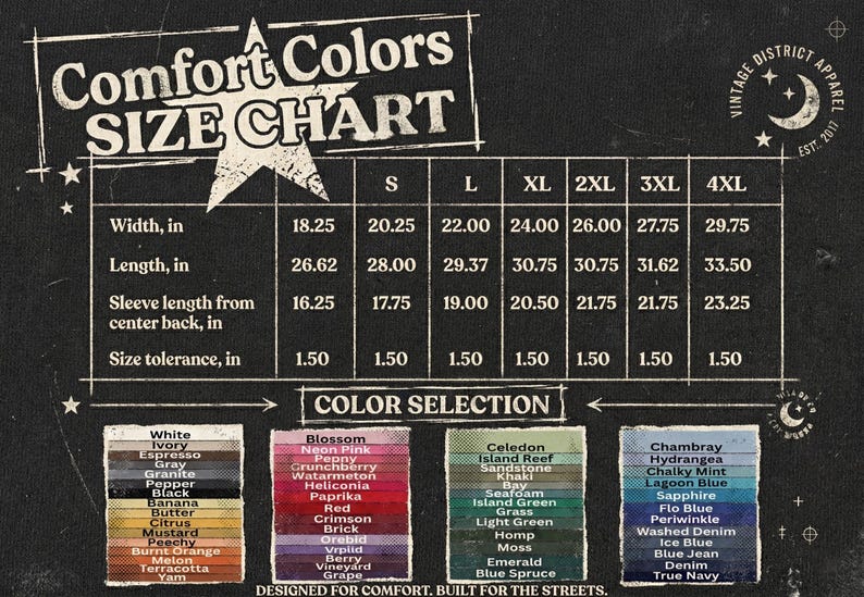 Peut inclure: Graphique noir avec un tableau des tailles Comfort Colors, indiquant les mesures en pouces. Le tableau comprend la largeur, la longueur et la longueur des manches. S&eacute;lection de couleurs, dont le rouge, le bleu et le vert. Texte : "Con&ccedil;u pour le confort, construit pour la rue."