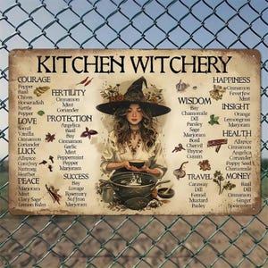 May include: A vintage-style metal sign with the words "KITCHEN WITCHERY" at the top. The sign features an illustration of a woman in a witch hat, surrounded by herbs and spices. Text lists herbs for courage, love, protection, luck, peace, fertility, success, wisdom, travel, health, insight, and money.