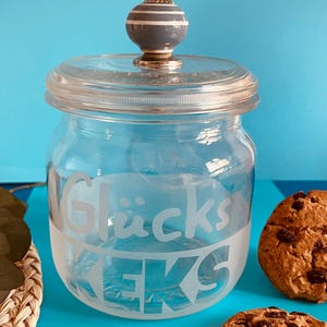 Upcycling Weckglas: Vorratsglas "GlücksKEKS", sandgestrahlt inklusive Deckel mit dekorativem Knauf