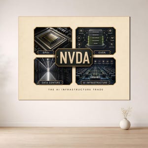 May include: A rectangular wall art print featuring a central NVDA logo with four surrounding panels depicting GPUs, CUDA software architecture, data center server aisles, and AI infrastructure, with the text THE AI INFRASTRUCTURE TRADE below.