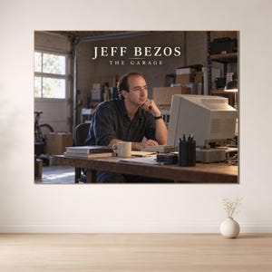 Peut inclure: Une impression d'art mural encadrée montrant une photographie de Jeff Bezos assis à un bureau en bois dans un garage. Le texte JEFF BEZOS THE GARAGE est imprimé en blanc en haut. La scène inclut un écran d'ordinateur vintage, une tasse et des livres.