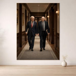 Peut inclure: Impression encadrée représentant deux hommes en costume marchant dans un couloir. Ils portent des dossiers et des costumes sombres, l'un avec une cravate rouge et l'autre avec une cravate rayée. Le couloir a des boiseries sombres et un tapis gris.
