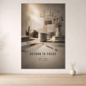 Peut inclure: Impression sépia d'une tasse en céramique sur un bureau avec un carnet et un stylo. Le texte "RETURN TO FOCUS" et "ONE THING AT A TIME" est imprimé en dessous. Un vase avec des fleurs est à l'arrière-plan.