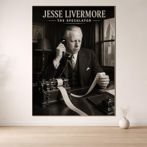Peut inclure: Une affiche en noir et blanc représentant Jesse Livermore, The Speculator. L'image montre un homme en costume tenant un combiné téléphonique, assis à un bureau avec une machine à téléscripteur imprimant une longue bande de papier.