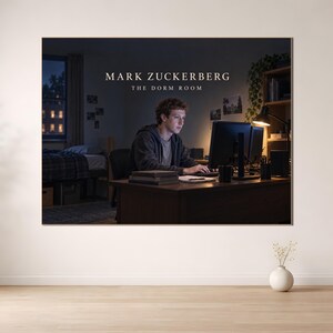 Op de afbeelding: Een rechthoekige wandkunstprint met een donkere, zwak verlichte kamer waarin een persoon aan een houten bureau achter een computer zit. De tekst MARK ZUCKERBERG THE DORM ROOM staat in het wit bovenaan in het midden gedrukt.