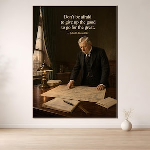 Peut inclure: Une impression murale rectangulaire montrant un homme en costume sombre debout devant un bureau en bois, examinant une carte. Le texte indique : Don't be afraid to give up the good to go for the great. — John D. Rockefeller. Une lampe est visible.