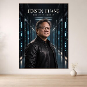 Peut inclure: Une impression murale verticale représentant un portrait de Jensen Huang portant une veste en cuir noir et des lunettes. Le texte JENSEN HUANG THE DATA CENTER est imprimé en haut. L'arrière-plan montre une salle de serveurs sombre et floue.