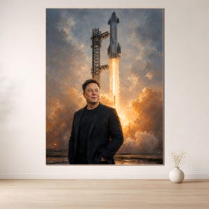 Peut inclure: Impression numérique représentant un homme en blazer noir, regardant une fusée s'élevant dans un ciel enflammé. La fusée est argentée et blanche, avec des flammes à sa base. L'arrière-plan présente des nuages et une tour de lancement.