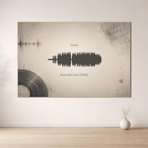Peut inclure: Impression sur toile de style vintage avec le texte "Oasis" et "Wonderwall (1995)". L'œuvre présente une représentation de l'onde sonore de la chanson, un graphique de disque vinyle et des notes de musique.