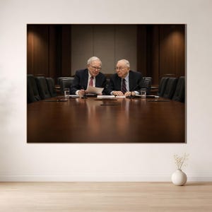 Peut inclure: Une photographie encadrée de deux hommes en costume assis à une longue table de conférence en bois poli. Ils examinent des documents, avec des microphones et des verres d'eau. La pièce a des boiseries sombres.
