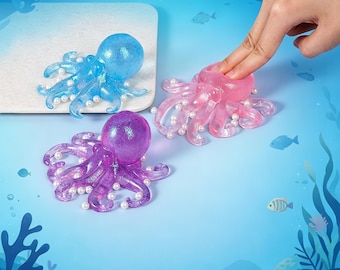 Polpo traslucido morbido e squishy – Imbottito con stelle, perle e pon-pon per un gioco sensoriale rilassante e antistress.