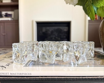 Set of 7 Juhava Ri-Jalka Glass Candle Holders, Mid Century Modern Finland Ice Glass