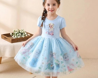 Frozen Elsa Princess Dress for Girls, Cute Cartoon Summer Party Dress for Toddler & Baby Girls, Short Sleeve Fantasy Costume Outfit