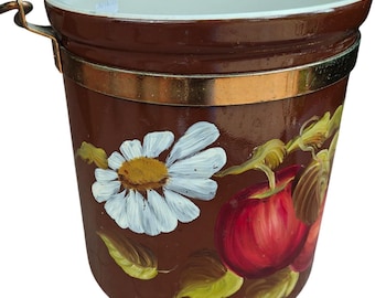 Vintage Hull Pottery 302 Brown Ceramic Ice Bucket Hand Painted Apples Daisy USA