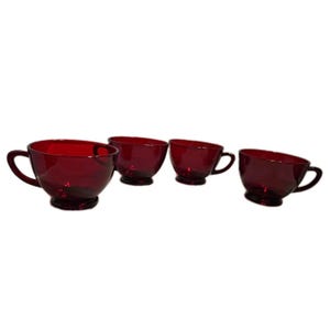 Vintage Ruby Red Glass Teacups Set of 4 Footed Mid Century Modern Drinkware