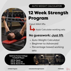 Krachtprogramma van 12 weken | Spreadsheet automatische gewichtscalculator, progressieve overbelasting