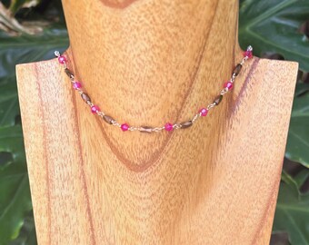 Handmade Pink and Brown Crystal Necklace with 14K Gold Fill Wire