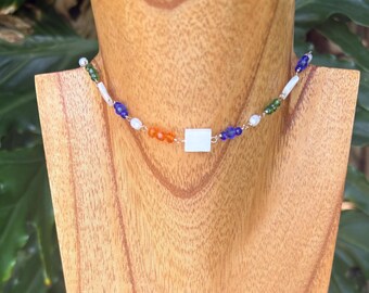Handmade Mother of Pearl, Blue, Orange Green Necklace with 14k Gold Filled Wire