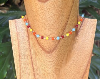 Handmade Tiny ROYGB Square Necklace with 14K Gold Filled Wire