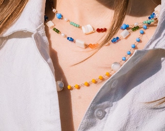 Handmade Mother of Pearl, Teal, Blue, Red Crystal Necklace with 14k Gold Filled Wire