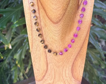 Handmade Tigers Eye and Pink Sapphire Necklace with 14K Gold Filled Wire
