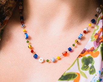 Handmade Primary Color Daisy Chain Necklace with 14k Gold Filled Wire