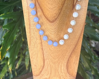 Handmade 0.50 Light Blue and Large Pearls Necklace with 14K Gold Fill Wire