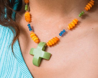 Handmade Greek Cross Roy G Biv Necklace with 14K Gold Filled Wire
