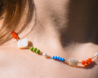 Handmade Mother of Pearl, Red Orange, Blue Necklace with 14k Gold Filled Wire