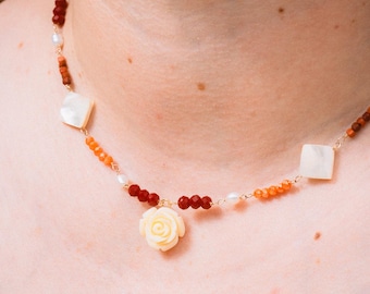 Handmade Rosey Red Mother Pearl Necklace with 14K Gold Wire