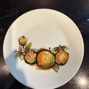 Peut inclure: Une assiette ronde en céramique blanche ornée d'une illustration peinte à la main représentant divers fruits, dont un petit bourgeon jaune, une pomme coupée, un fruit entier et une poire, dans des tons jaune, vert et brun.