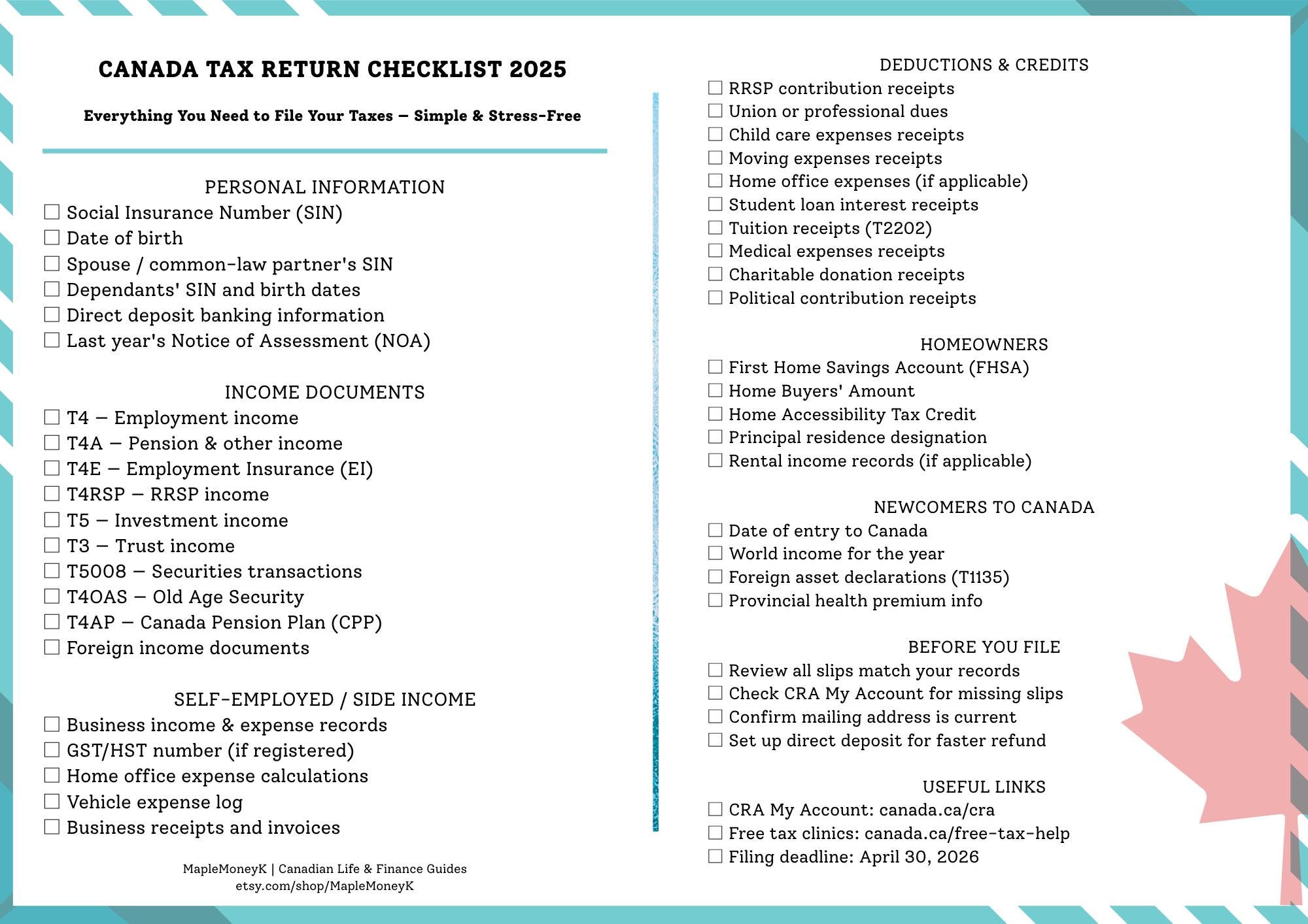 Canada Tax Return Checklist 2026 | CRA Tax Filing Guide | Printable PDF ...