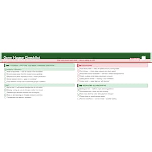 May include: A checklist for an open house, with sections for exterior, bathrooms, and bedrooms/living areas. The checklist includes items like checking the foundation, roof, and water pressure. The text "Open House Checklist" is at the top.