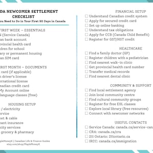Könnte beinhalten: Eine türkisfarbene und weiße Checkliste mit dem Titel "Canada Newcomer Settlement Checklist". Sie enthält Abschnitte zu Finanzen, Gesundheitswesen und Community-Unterstützung sowie Kontaktinformationen.