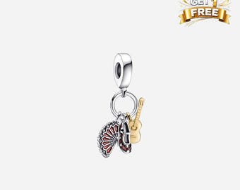 Silver Spanish Guitar, Flamenco Shoe & Fan Charm, Charm For Bracelet Or Necklace, Gift For Her Him, Christmas Birthday Gift Charm
