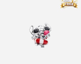 Silver Disney Stitch Summer Fun Charm, Charm For Bracelet Or Necklace, Gift For Her Him, Christmas Birthday Gift Charms