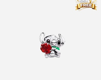 Silver Disney Stitch Rose Charm, Charm For Bracelet Or Necklace, Gift For Her Him, Christmas Birthday Gift Charms