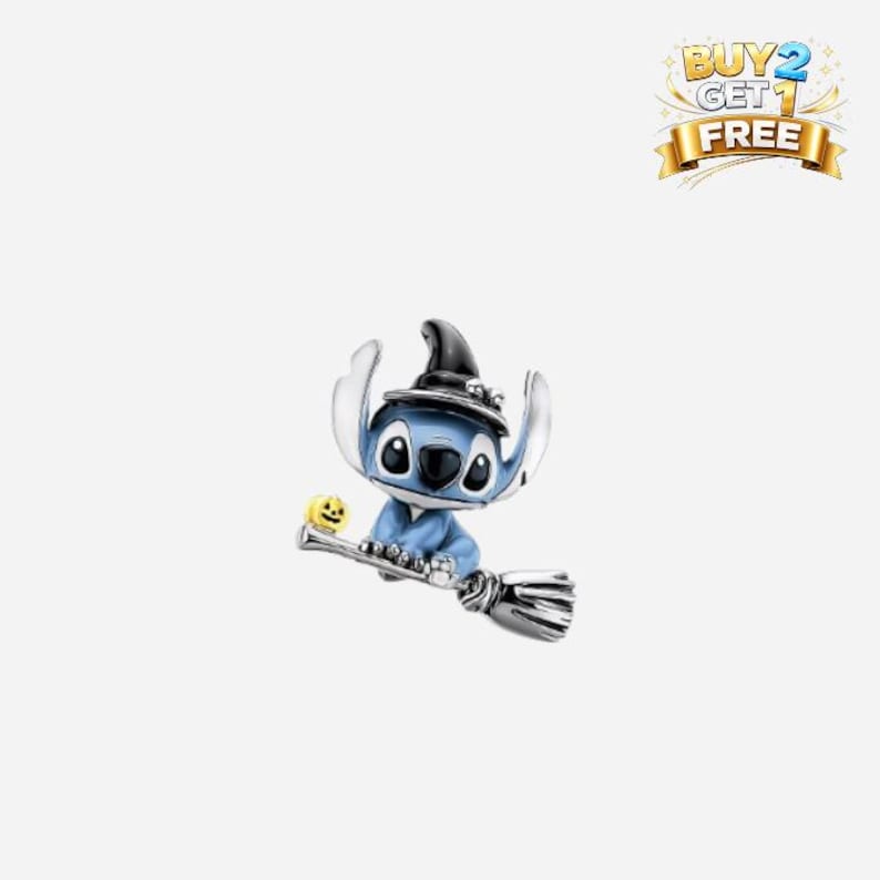 May include: A blue and silver charm depicting a cartoon character in a witch's hat, riding a broom. A small yellow pumpkin is attached to the broom. The charm has black eyes and a blue outfit.
