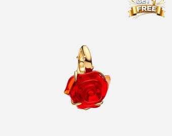 14K Gold Plated Disney Beauty And The Beast Enchanted Rose, Charm For Bracelet Or Necklace, Gift For Her Him, Christmas Birthday Gift Charms