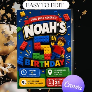 Bausteine Geburtstagseinladung Canva | Master Bauarbeiter Junge Party bearbeitbarer Download