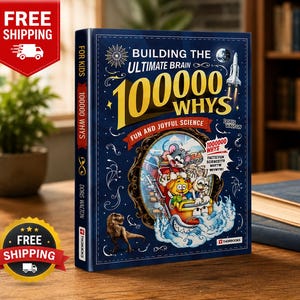 May include: A hardcover book titled Building the Ultimate Brain 100000 Whys Fun and Joyful Science by Doris Walton. The dark blue cover features a cartoon illustration of animals on a roller coaster, a dinosaur, a space shuttle, and white text.