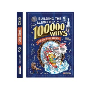 May include: A dark blue hardcover book titled Building the Ultimate Brain 100000 Whys Fun and Joyful Science by Doris Walton. The cover features a cartoon illustration of animals on a roller coaster, a dinosaur, a rocket, and the text Develop a Scientist's Way of Thinking.