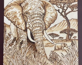 Wood burned/Pyrography Safari Elephants