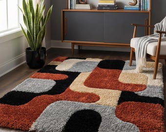 70s Retro Wavy Rug Hand Tufted Wool Rust Orange Black Grey Cream Mid Century Modern Abstract Shag Carpet Living Room Decor 8x10 Large Area