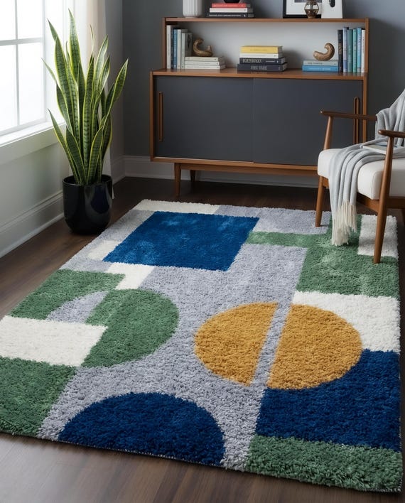 Shaggy Geometric Color Block Rug | Plush Navy Blue Sage Green Mustard Grey Area Rug | Scandi Playful Living Room Carpet, Fluffy Abstract Rug