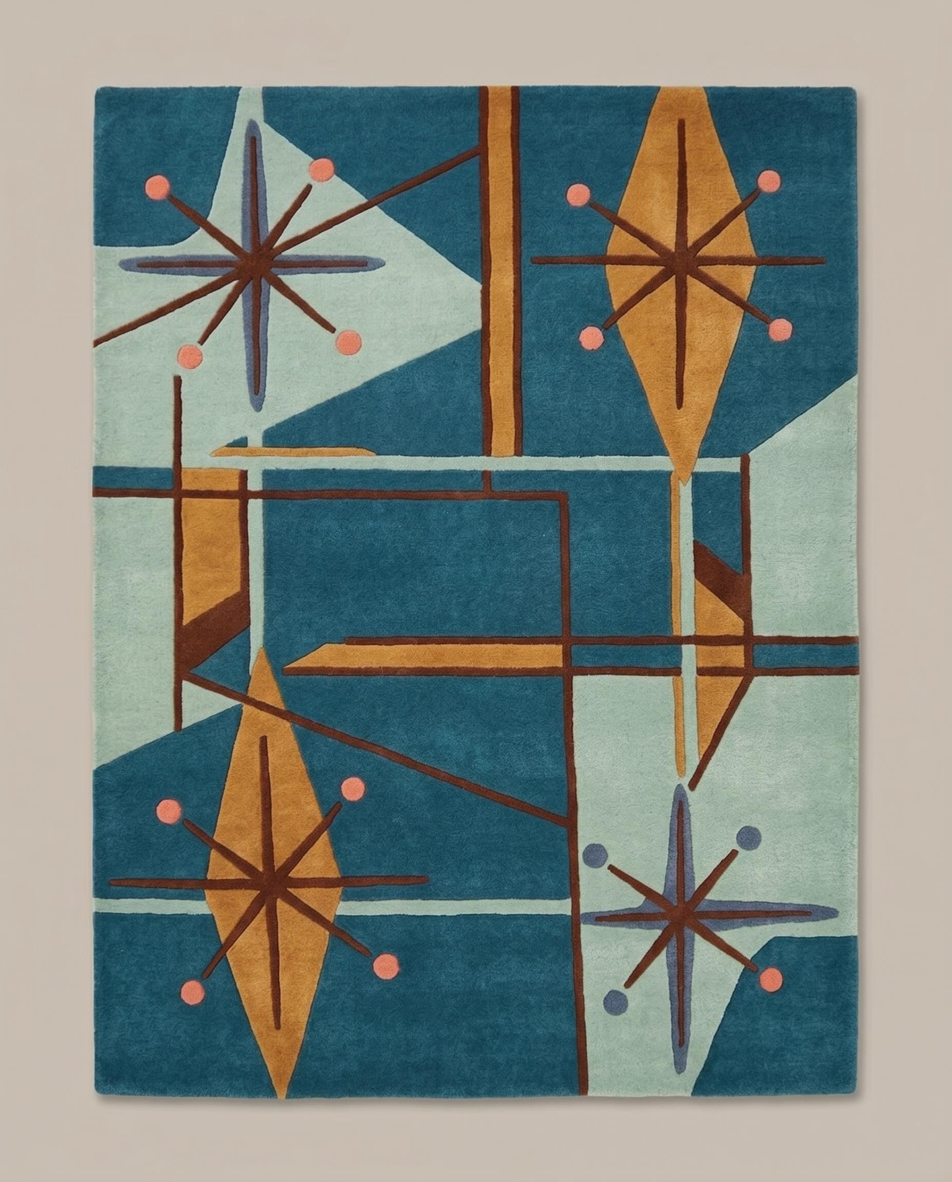 Mid Century Modern Starburst Area Rug, Atomic Teal Teal Hand Tufted ...