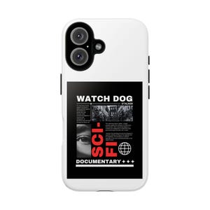 Könnte beinhalten: Weißes Handycase mit einem schwarzen Rechteck-Design. Der Text "WATCH DOG - STALKER" und "SCI-FI DOCUMENTARY" ist in Rot dargestellt. Das Design enthält ein Schwarz-Weiß-Bild eines Auges und eines Globus.