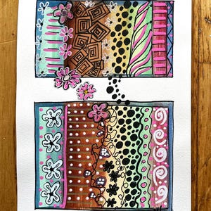 Peut inclure: Peinture abstraite à l'aquarelle avec deux sections rectangulaires. Chaque section présente une variété de motifs, notamment des points, des rayures et des motifs floraux, dans des couleurs comme le rose, le vert, le marron et le noir. L'œuvre est sur papier blanc.