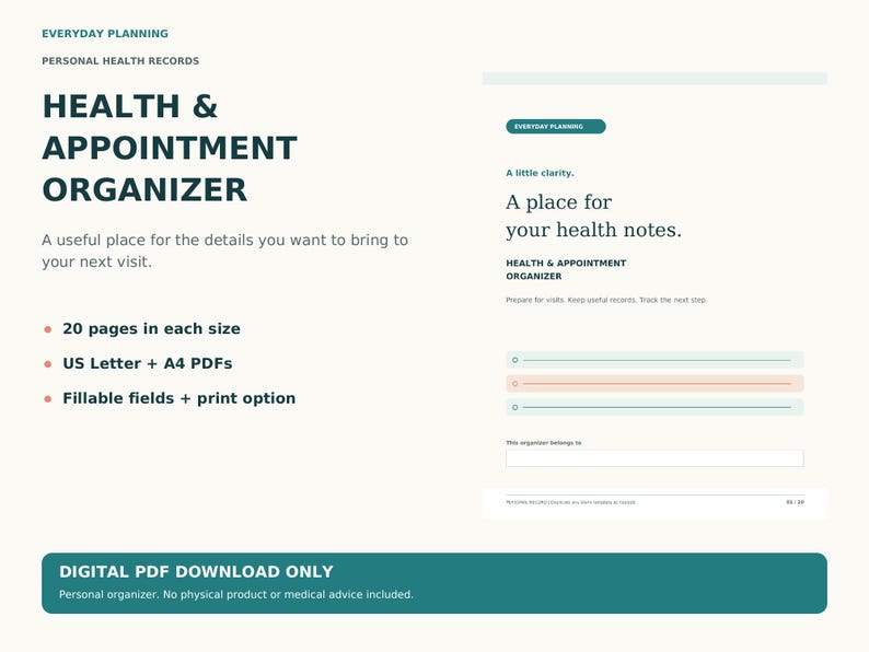 Health & Appointment Organizer PDF Download | Fillable Health Planner ...