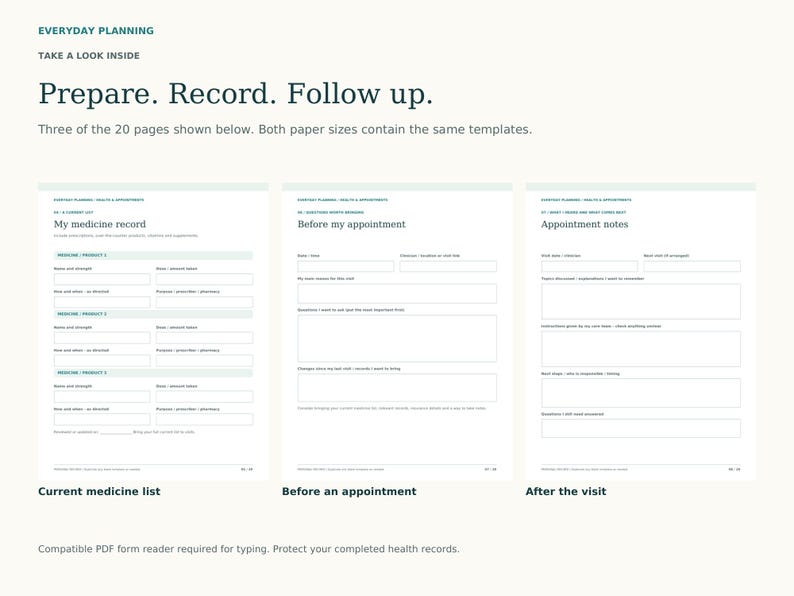 Health & Appointment Organizer PDF Download | Fillable Health Planner ...